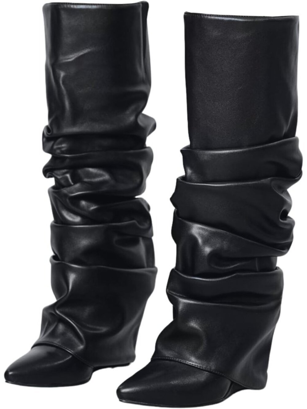 Women's Black Covered Wedge Heel Patent Wide Calf Pointed Toe Knee High Boots